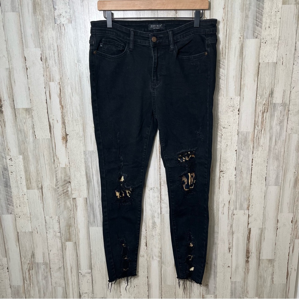 Judy Blue Black Leopard Patch Mid‎ Rise Skinny Fit Jeans Distressed Womens 11/30